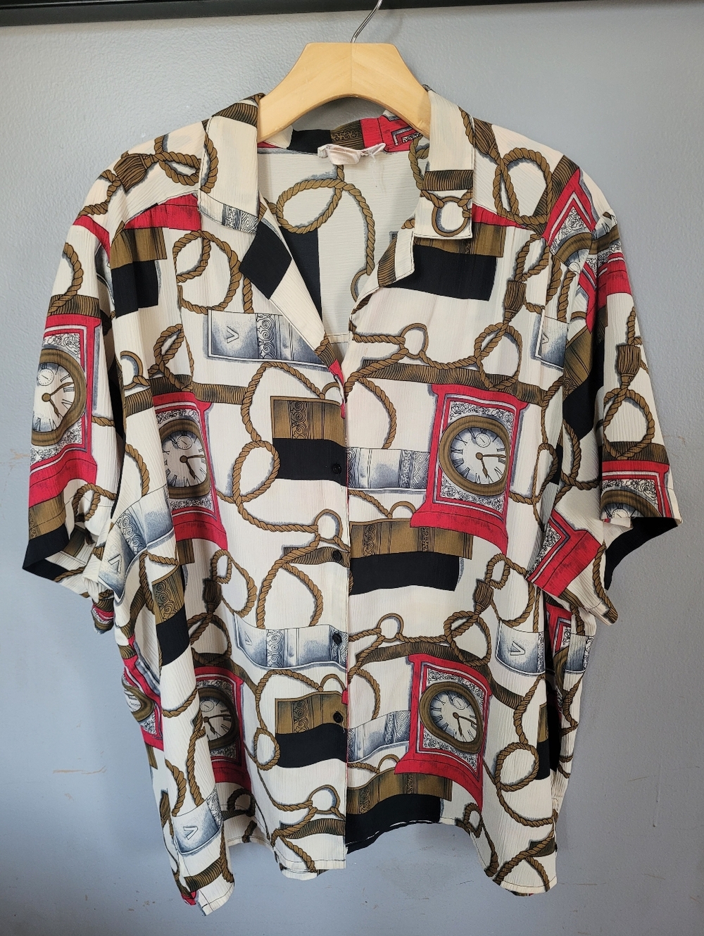Alia Women's 2X Button Down - Nautical Rope & Clock Print, Artsy, Whimsical